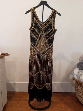 Heroecol Black & Gold Beaded Flapper Dress • Size M